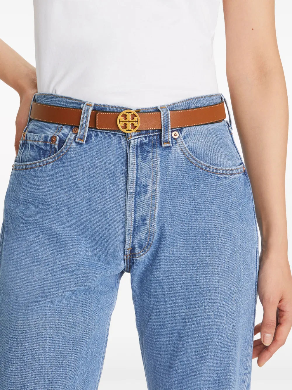 Tory Burch Miller Reversible Pebbled Calf Leather Belt Gold Logo