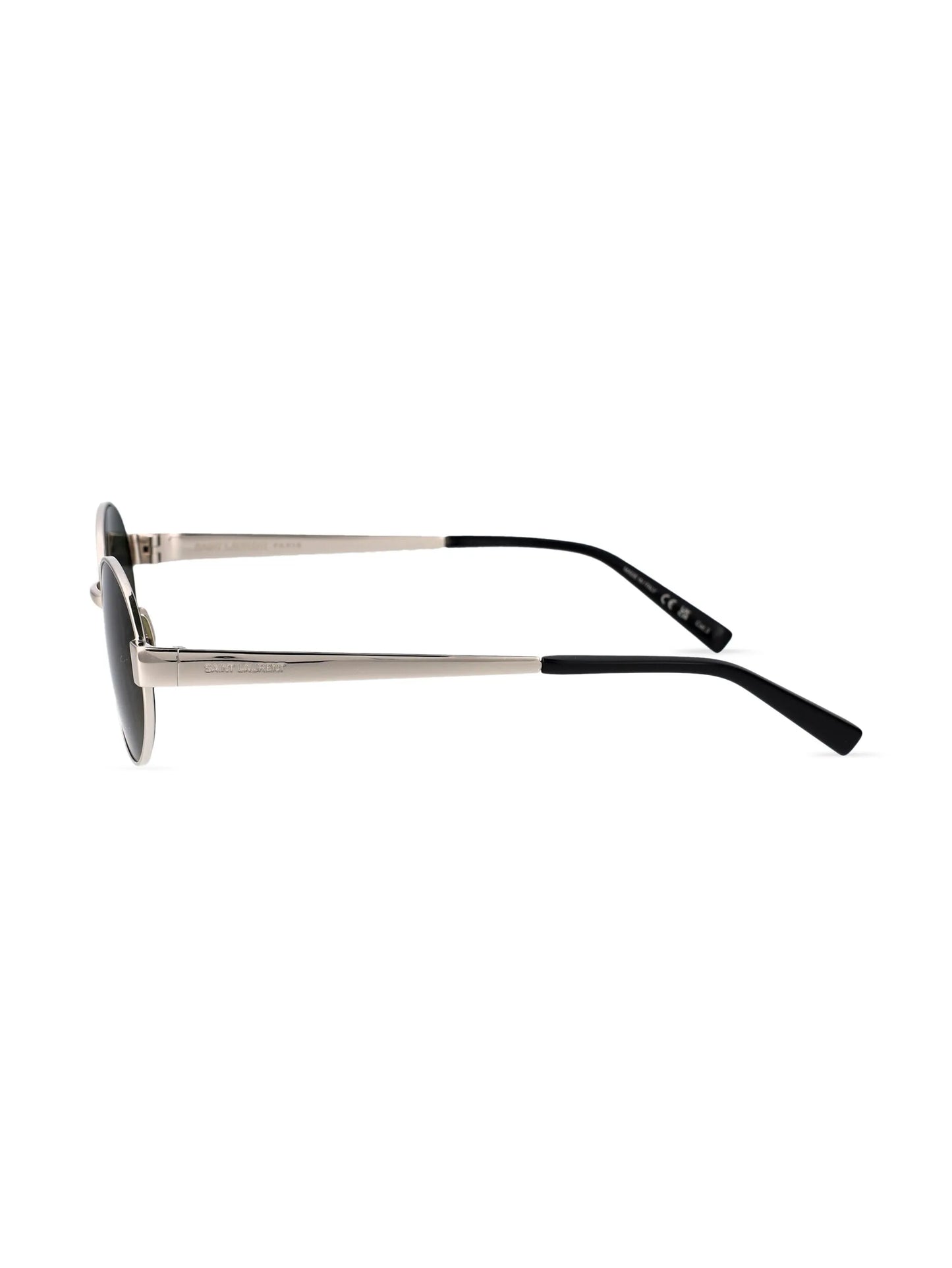 Saint Laurent oval sunglasses with silver frame and green UV lenses