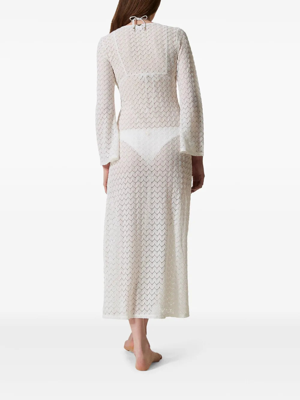 TWINSET White Open-Knit Cotton Beach Dress with Tie Front