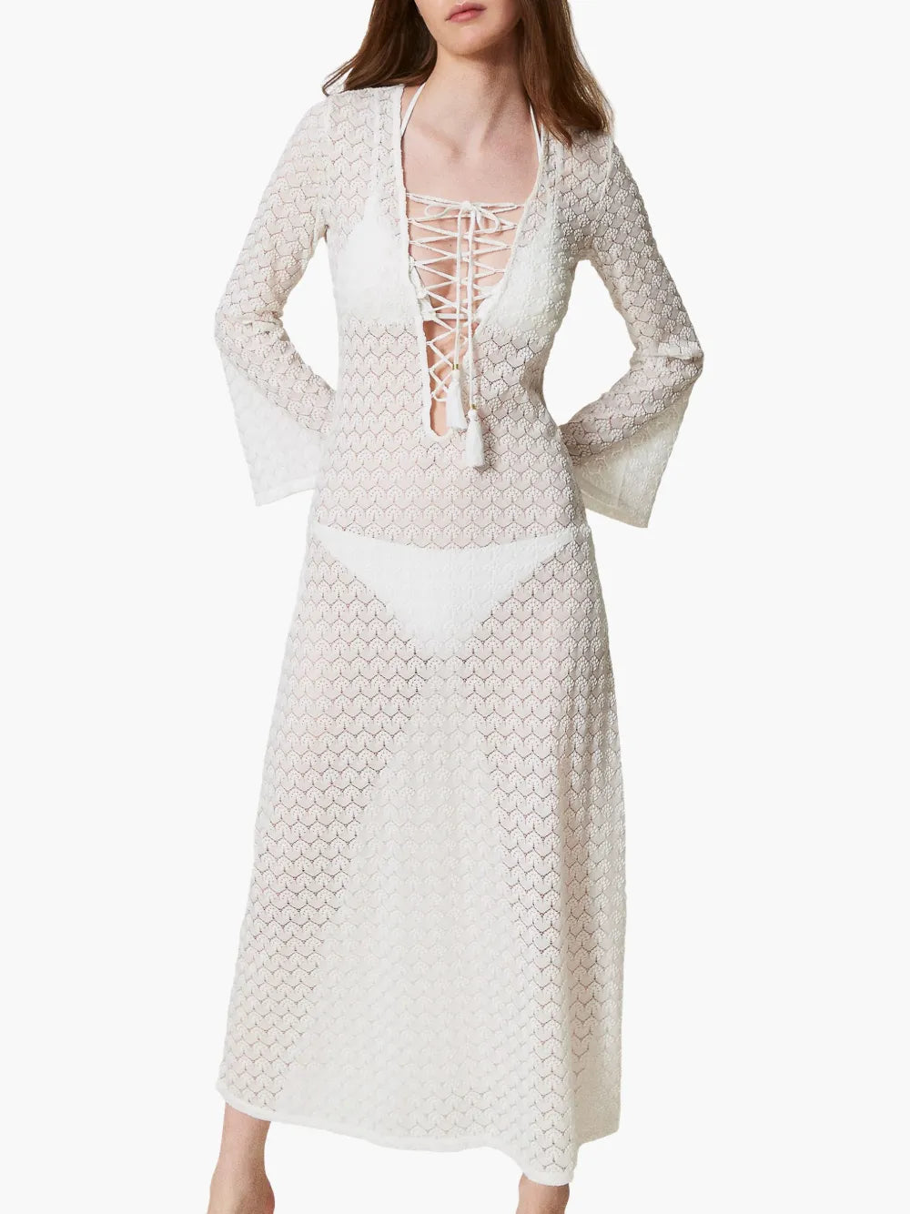 TWINSET White Open-Knit Cotton Beach Dress with Tie Front