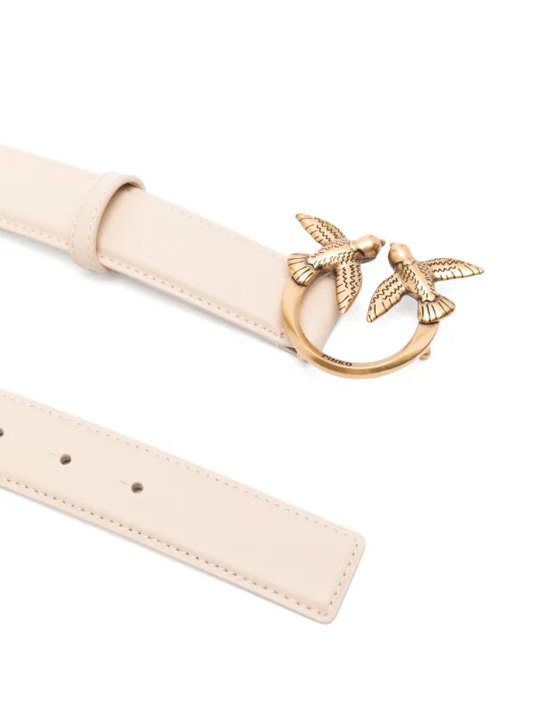 Light Beige Calf Leather PINKO Love Bery Signature Buckle Belt