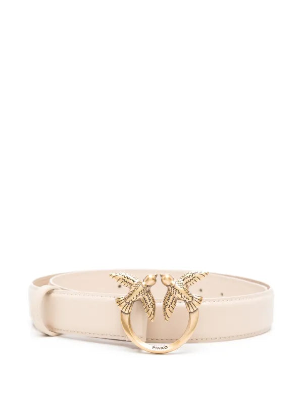 Light Beige Calf Leather PINKO Love Bery Signature Buckle Belt