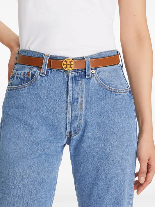Tory Burch Miller Reversible Pebbled Calf Leather Belt Gold Logo