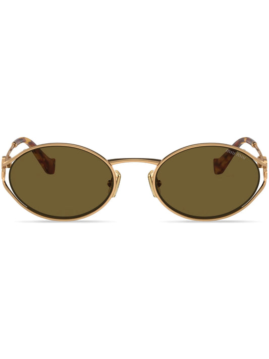 Miu Miu oval sunglasses with gold frame and tinted lenses for UV protection