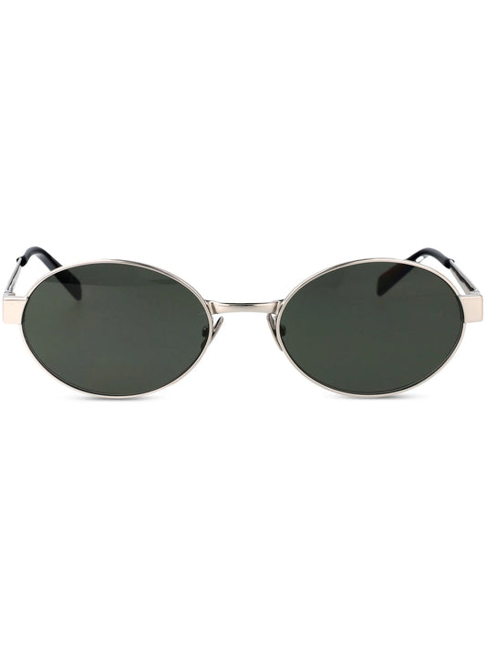 Saint Laurent oval sunglasses with silver frame and green UV lenses