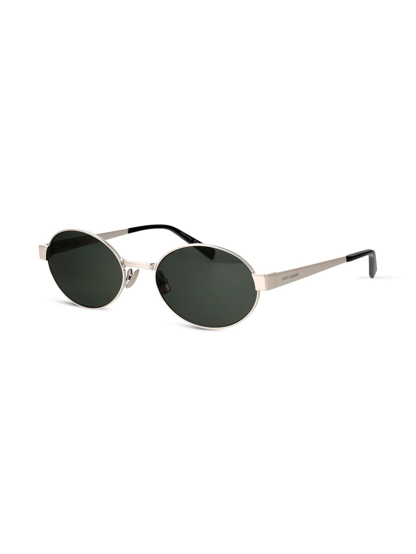 Saint Laurent oval sunglasses with silver frame and green UV lenses