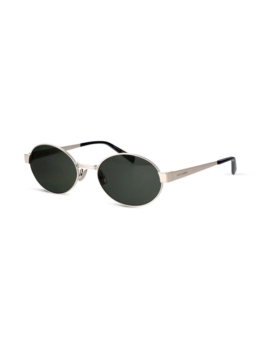 Saint Laurent oval sunglasses with silver frame and green UV lenses