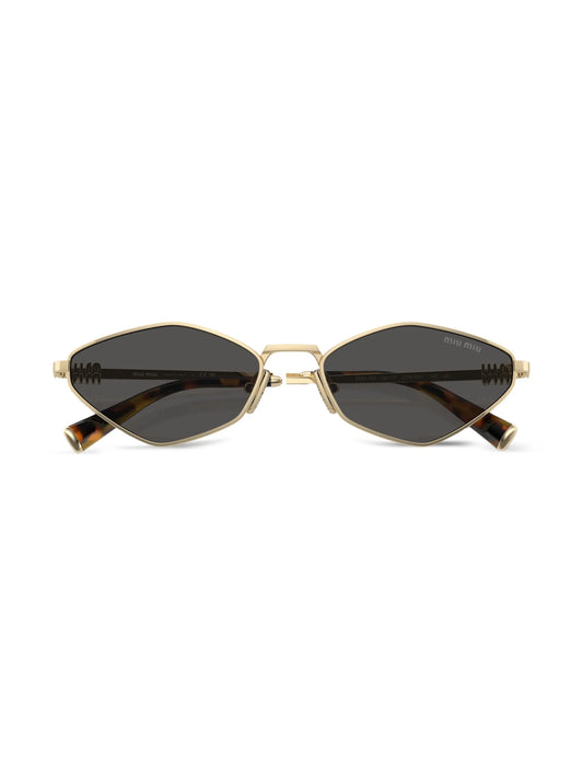 Miu Miu geometric sunglasses with gold frame and dark tinted lenses