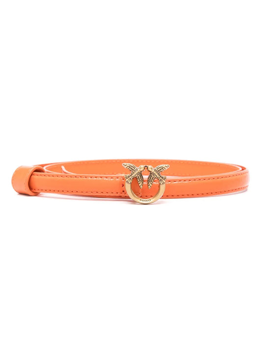 PINKO Love Birds Orange Calf Leather Adjustable Belt With Gold Buckle