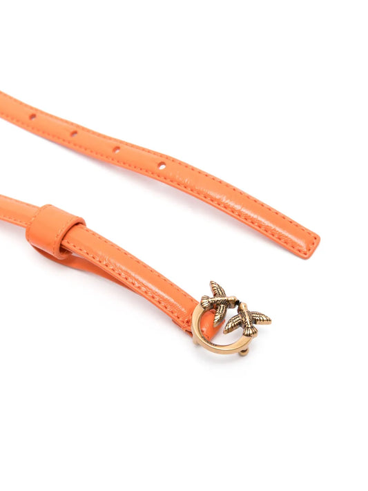 PINKO Love Birds Orange Calf Leather Adjustable Belt With Gold Buckle