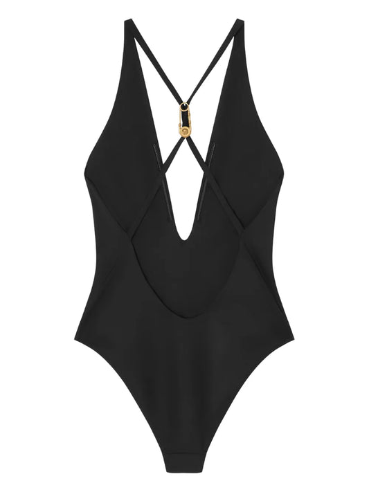 Versace Black Safety Pin V-Neck Criss-Cross Strap Swimsuit