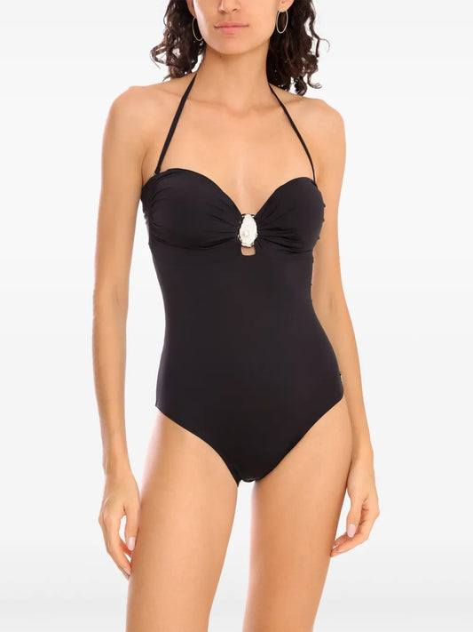 Black Brigitte Shell Appliqué One-Piece Swimsuit with Detachable Straps