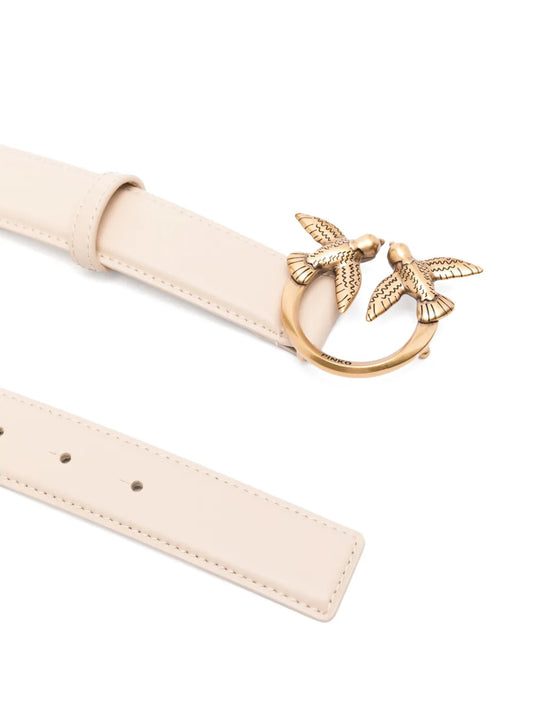 Light Beige Calf Leather PINKO Love Bery Signature Buckle Belt