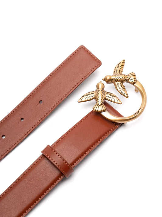 PINKO Geode Brown Love Birds Adjustable Buckle Leather Belt