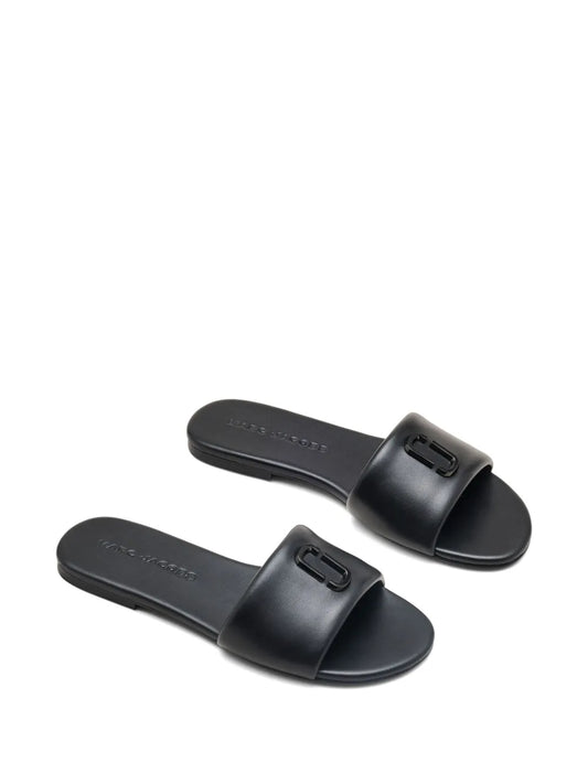 Marc Jacobs The Snapshot Black Leather Slides with Logo Plaque Design