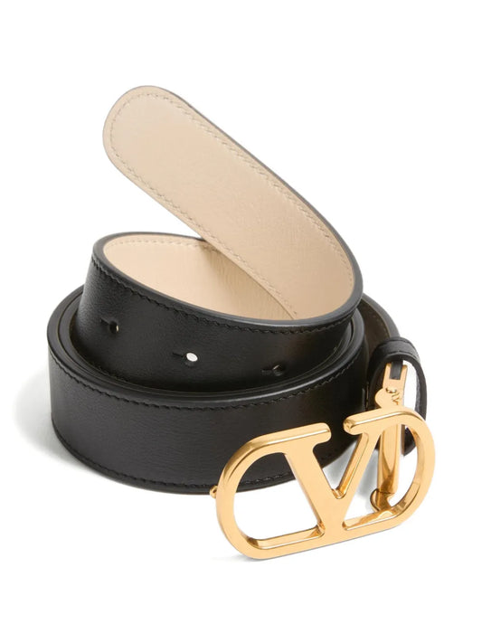 Valentino Garavani Elegant Black Leather Belt with Gold Double V Buckle