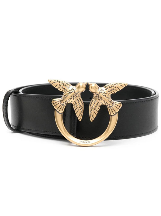 Pinko black leather belt with gold bird buckle for stylish outfits