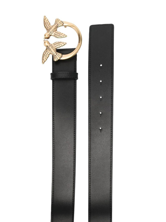 Pinko black leather belt with gold bird buckle for stylish outfits